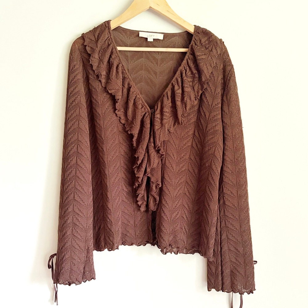 LOFT Pointelle Ruffle Knit Cardigan Sweater XL Tie Cuff Brown V-Neck Boho Fairy